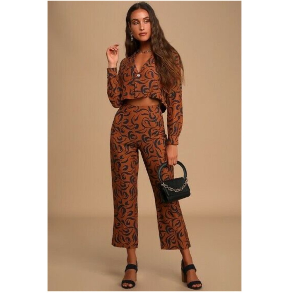 Amuse Society Postcard Brown Print Culotte High Waist Linen Pants